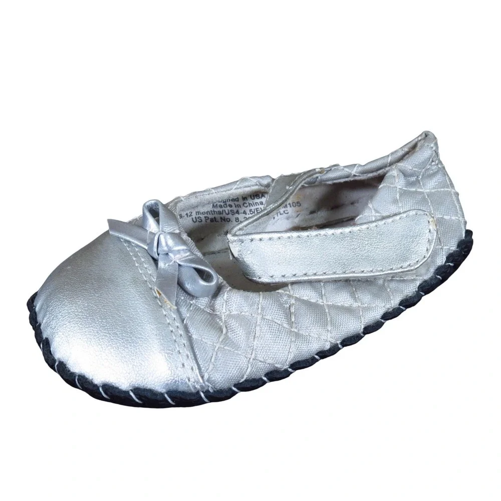 Pediped Originals Baby Girls Mary Jane Shoes Size 4-4.5 6-12M Dressy Silver Bow